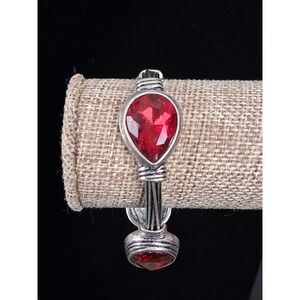 Vintage Silver Tone Red Stones Wire Wrapped Bracelet‎ Egyptian Revival Stretchy